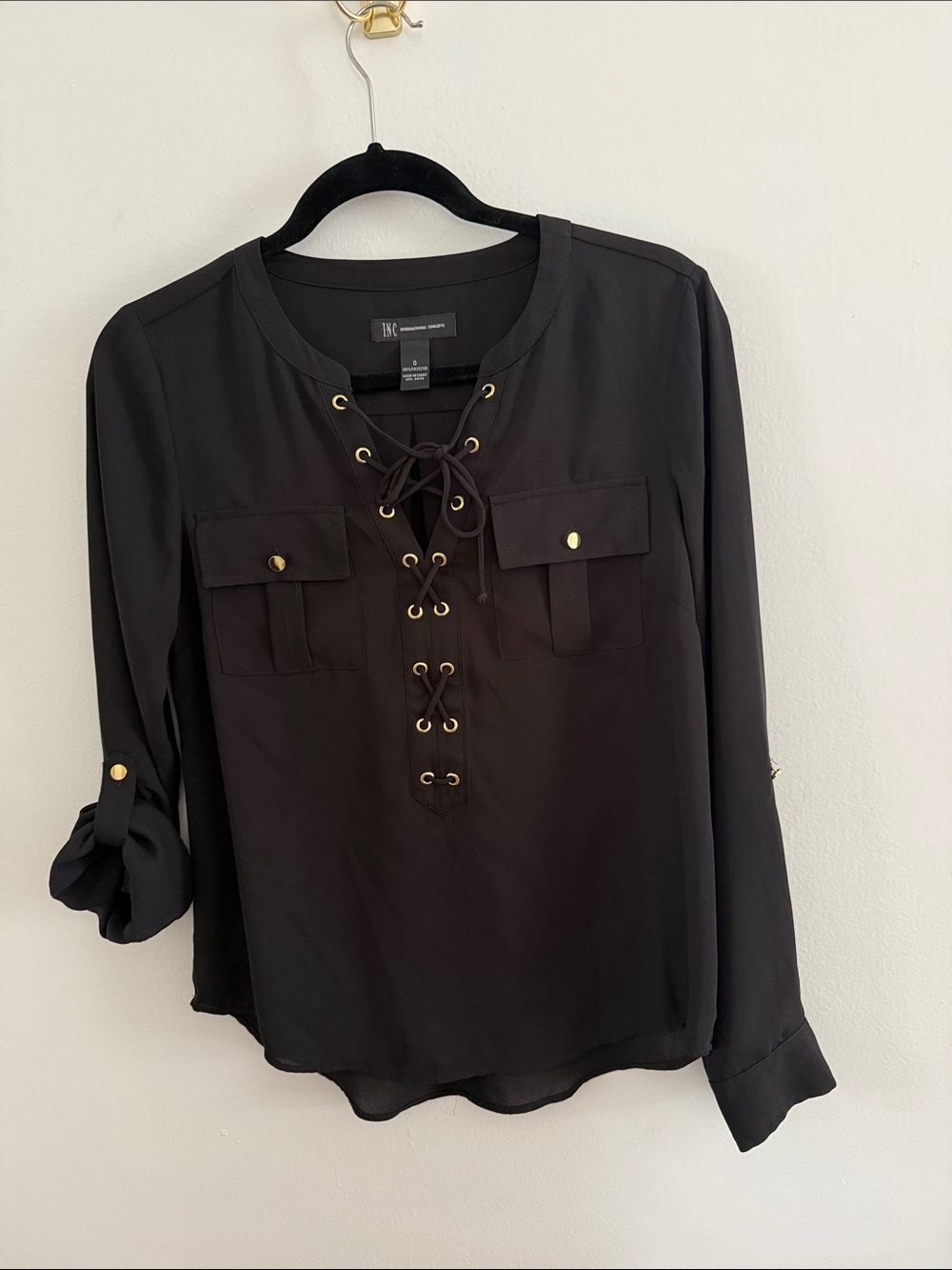 INC International Concepts Black Lace-Up Utility Blouse with Gold Eyelets